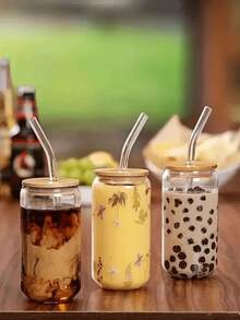 4 piezas Vaso de vidrio con tapa y pajita, bebida, vaso para café helado, tapa de bambú linda, pajita reutilizable y cepillo de limpieza de pajitas, adecuado para restaurante/hotel/uso doméstico