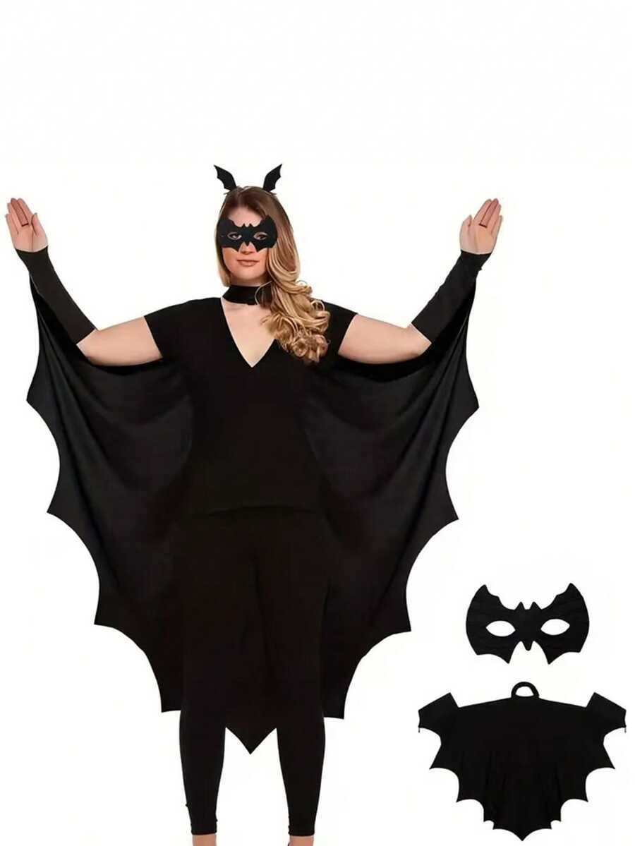 2pcs/Set Halloween Bat Costume Set - Polyester Bat Wing Cape, Black Eye Mask And Hair Clip. Perfect For Cosplay, Fans, Carnivals, Birthdays And Ladies' Parties.