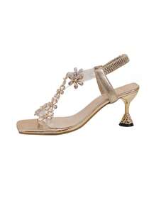 新年水钻凉鞋，时尚厚实中跟和水晶透明鞋跟，高跟舞鞋，适合青少年，学校风格，高跟舞鞋 - 金色 - 查看 11