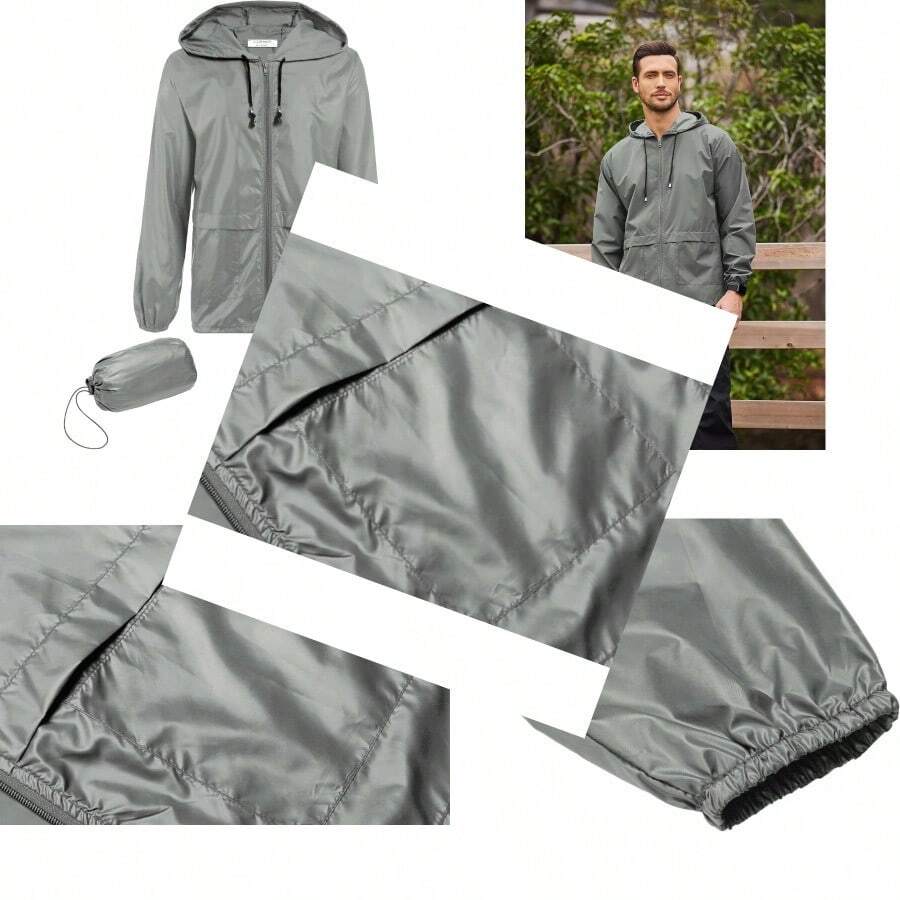 Chaqueta impermeable plegable para hombre asquero de ciclismo clasico ligero con capucha impermeable al aire libre - Gris - Ver 1