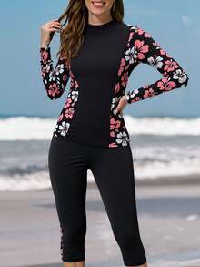 High Neck Zipper Spaghetti Strap Tankini Swimsuit, Tropical Print Long Sleeve Top With Capri Pants, Women Casual Elegant 2-Piece Swimwear, Medium Stretch