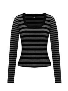 GAOVOT Women's T-Shirt For Autumn And Winter Y2k Sexy Young Hot Striped Color-Blocking Round-Neck Long-Sleeved Top