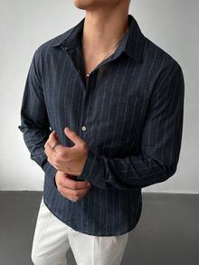 Men's Casual Commuter Striped Print Patchwork Pocket Long Sleeve Shirt, Spring/Autumn - Multicolor - View 7