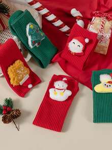 Christmas Kids' Cartoon Character Socks, Red Mid-Calf Stockings For Girls, Suitable For Autumn/Winter