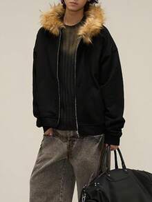 Men Hoodie Zip Up Y2k Zip Up Hoodie Fur Hooded Jacket Warm Winter Coat For Men With Hood Fur Collar Streetwearhalloween - 黑色 - 查看 6