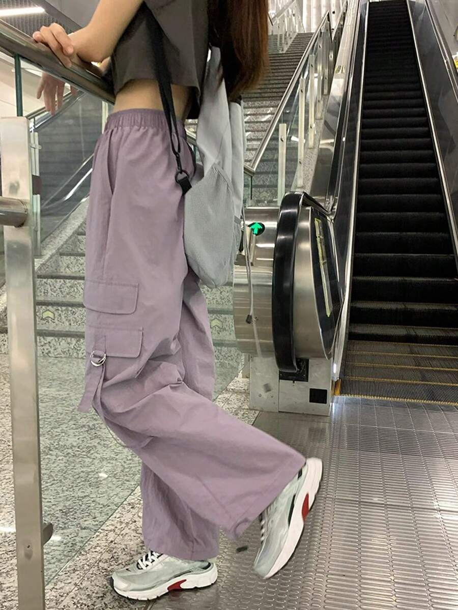 Summer New Cargo Pants Women, Loose Drawstring Wide Leg Cinched Ankles Functional Elastic Waist - Purple - View 1