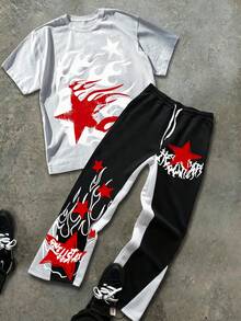 Men's Abstract Star Print Round Neck Short Sleeved Casual T-Shirt And Flame Print Pants 2-Piece Set, Men's Clothing, Versatile For Both Men And Women, T-Shirt And Sweatpants 2-Piece Set - White+Black(白色+黑色) - 查看 1