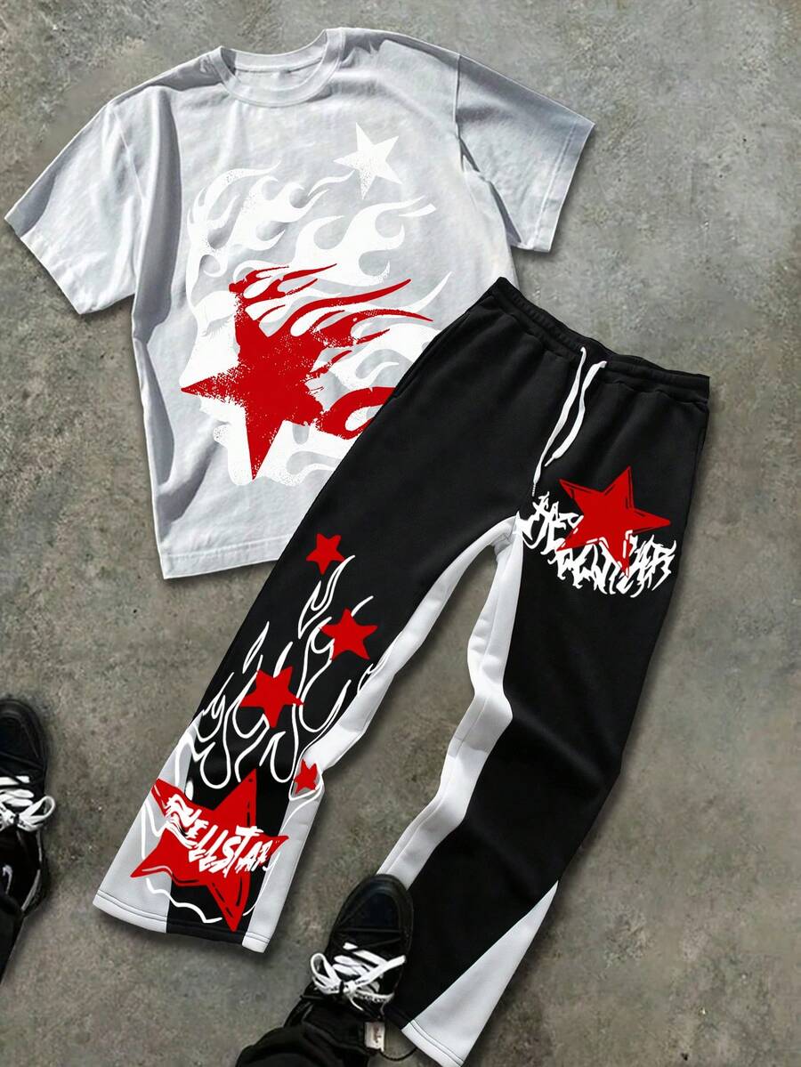 Men's Abstract Star Print Round Neck Short Sleeved Casual T-Shirt And Flame Print Pants 2-Piece Set, Men's Clothing, Versatile For Both Men And Women, T-Shirt And Sweatpants 2-Piece Set - White+Black(白色+黑色) - 查看 1