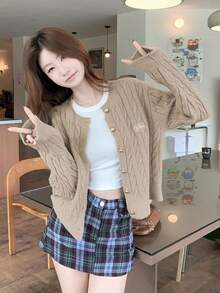 Cardigan Longgar Leher Bulat Warna Polos dengan Bordir untuk Wanita, Cocok untuk Beraktivitas Sehari-hari, Musim Gugur/Dingin - Khaki - View 7
