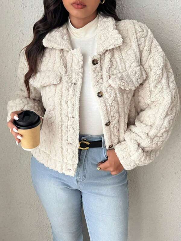 Plus Size Turndown Collar Solid Color Faux Pocket Fleece Button Jacket, Warm Casual Outerwear For Autumn/Winter