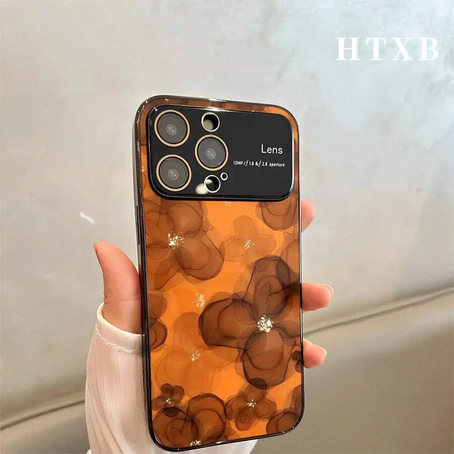Funda para teléfono con diseño de flores y líneas naranjas electrochapadas | Protector de pantalla AG Frosted Large View Window 2 en 1 para phone 17, 17 Pro, 17 Pro, 16 Pro, 16 Pro, 16 Plus, 16, 15 Pro, 15 Pro, 15 Plus, 15, 14 Pro, 14 Pro, 14 Plus, 14, 13 Pro, 13 Pro, 13, 12 Pro, 12 Pro y 12 Series. Diseño elegante, calidad premium, material duradero y protector. Funda, Entusiastas de la tecnología, Propietarios de smartphones - Negro - Ver 1