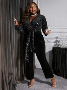 Bộ đồ liền thân vá bạc thời trang cỡ lớn dành cho người đi làm - màu đen - Xem 1