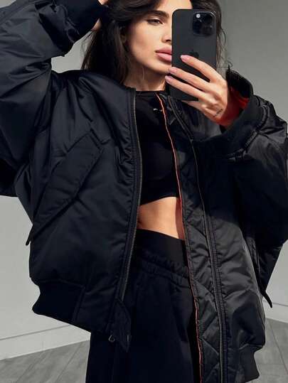 Chaqueta bomber acolchada negra para mujer, de manga larga, estilo casual y holgado, para otoño e invierno