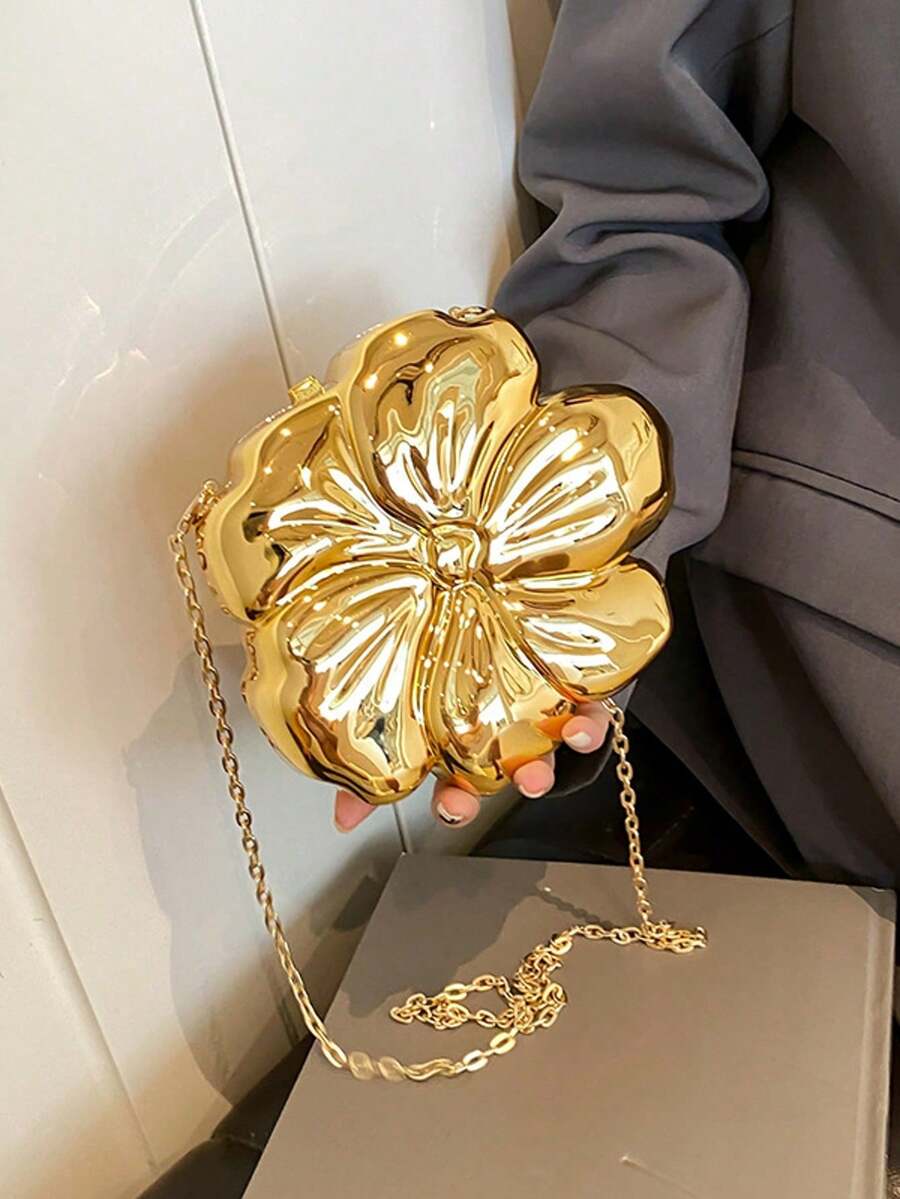 Women's Elegant Mini Flower Shaped Chain Crossbody Bag, Metallic Y2K Style Theme Party Shoulder Bag, Fashionable Novelty Shaped Bags, Versatile Small Mobile Phone Key Coin Purse, Portable Outdoor Travel Vacation Cosmetic Bags, Exquisite Floral Bag For Women - 金色 - 查看 1