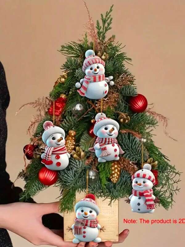 5pcs Cute Christmas Snowman Hanging Ornaments, Christmas, New Year, Christmas Tree Decor, Birthday, Wedding, Holiday Celebration Decoration, 2D Acrylic Hanging Ornaments