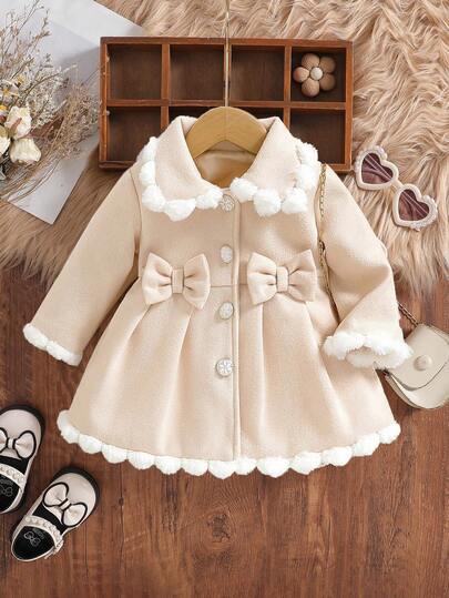 女婴可爱纯色毛绒花朵领蝴蝶结装饰长袖拼接下摆褶裥设计休闲百搭开衫，适合秋冬季日常外出穿着