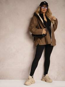 Women Drawstring Waist Reversible Hooded Parka Jacket - Brown - View 2