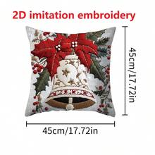 1 pieza Funda decorativa de almohada cuadrada con estilo de bordado imitación de patrones navideños, material de fibra de poliéster suave y cómodo, con bordados de cascanueces, árbol de navidad con flor de pascua, campana y oso de peluche y otros patrones, funda de almohada suave para decoraciones navideñas en el hogar, sala, sofá, silla para fiestas de Navidad
