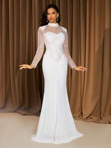 Elegantes weißes Hochzeitskleid mit Stehkragen, Langarm, Pailletten-Patchwork und Chiffon - Weiss - Übersicht 4