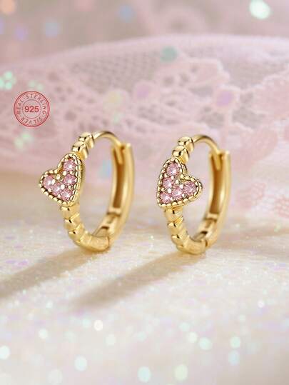 Artepollo 1pc 925 Sterling Silver Hypoallergenic Heart Hoop Earrings, Inlaid With Pink Zirconia, Dazzling, Gift Box Packaging, Elegant And Exquisite, Suitable For Daily Or Holiday Wear, Gift For Girls, Friends, Back To School, Christmas