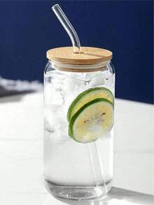 4 piezas Vaso de vidrio con tapa y pajita, bebida, vaso para café helado, tapa de bambú linda, pajita reutilizable y cepillo de limpieza de pajitas, adecuado para restaurante/hotel/uso doméstico