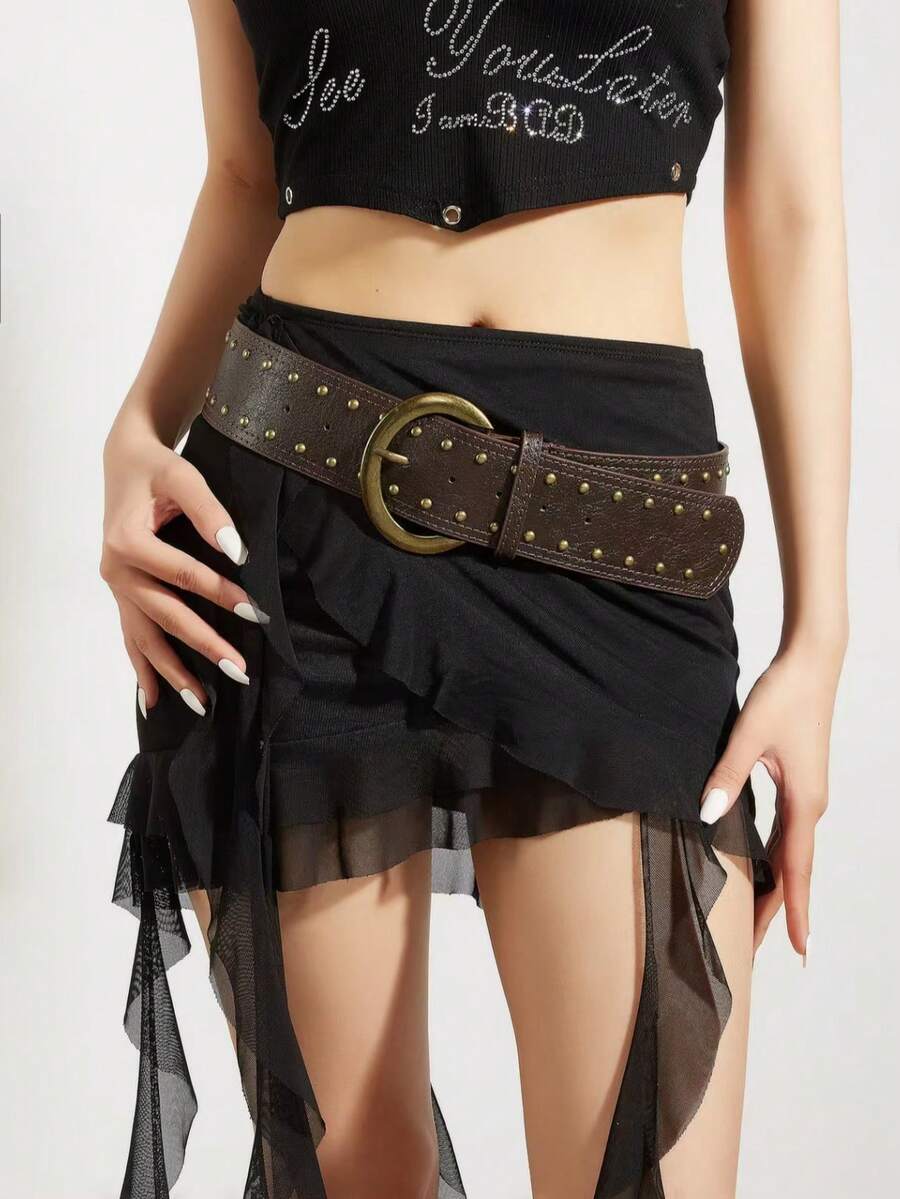1pc Women's Dark Western Style Heavy Studded Wide Waist Belt - Coffee - View 1