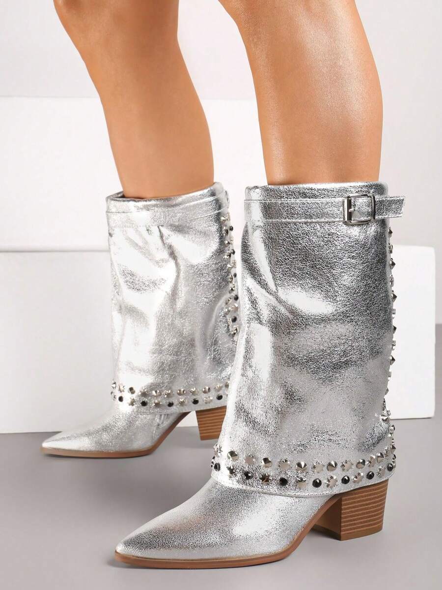 Fashion Studded Pointed Toe Cowboy Boots With Heel And Buckle - Silver - View 1