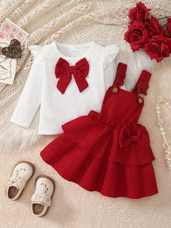 2pcs Baby Girl Christmas Outfit, Minimalist Stylish Sweet Cute White Striped Ruffle Sleeve Top And Red Tiered Bow Decor Suspender Skirt Set, Spring/Autumn
