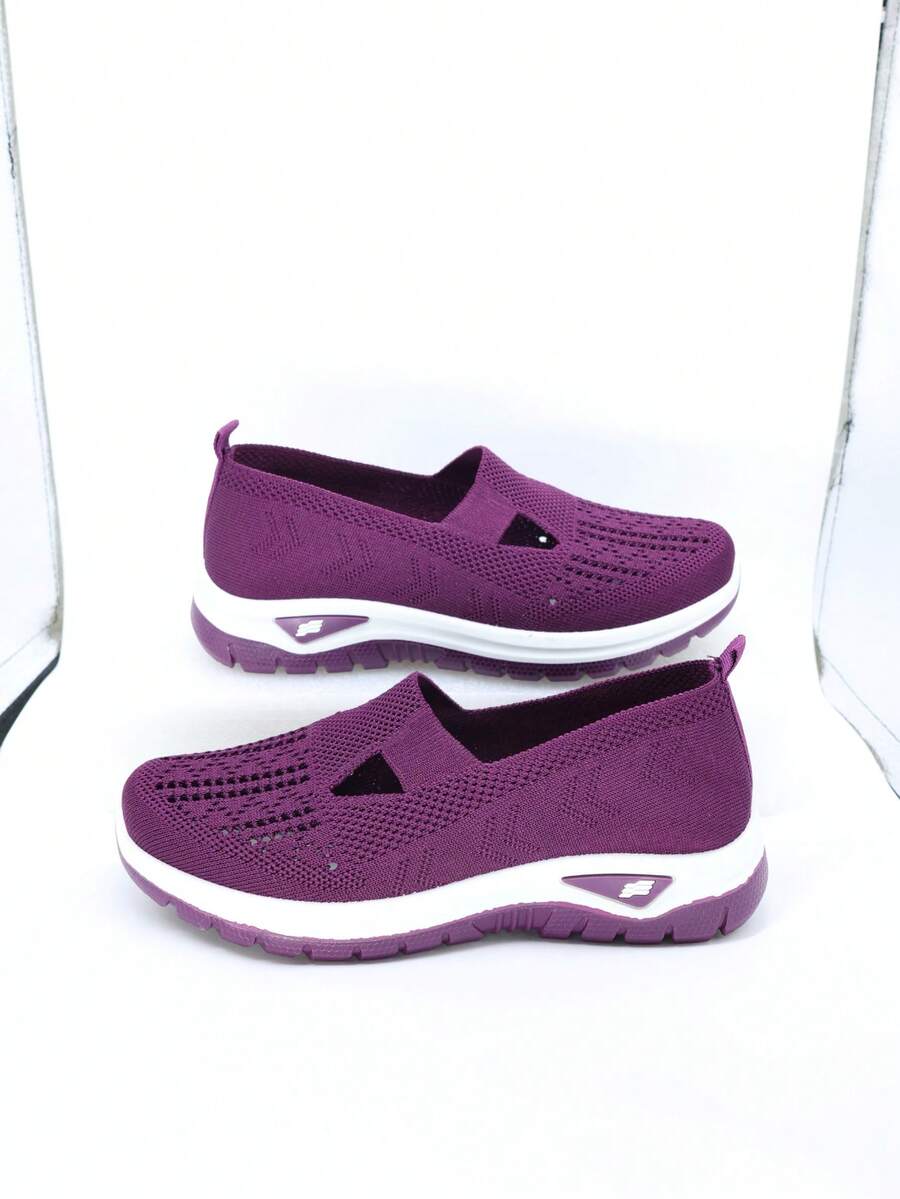 1 Pair Knitted Hollow Slip-On Women Shoes, Breathable Comfortable Soft Sole Casual Shoes, Multi-Color Versatile Loafers, Fit One Size Larger For Mothers