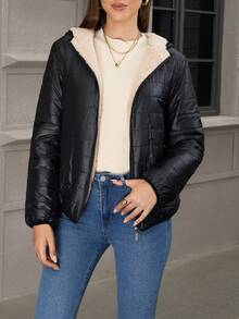 Áo khoác chần bông nhẹ ấm áp dành cho nữ, vải dệt trơn màu, chần bông, thích hợp cho mùa thu, đông, xuân - màu đen - Xem 1