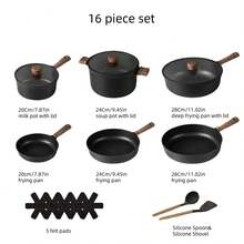 Non Stick Pan And Flat Bottomed Pan, Induction Cookware Set 16 Piece Kitchen Cooking Set, Non Stick Pan And Flat Bottomed Pan, With Frying Pan (Excluding Perfluorooctanoic Acid, Perfluorooctanoic Acid) - Black - View 13