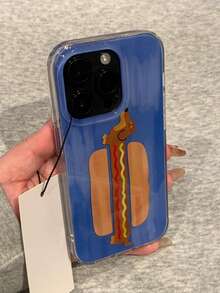Creative Cute Dachshund & Hamburger Pattern Blue Background Phone Case, Compatible With IPhone 17 Pro Max, 17 Pro, 14, 16 Pro Max, 13 Pro, 12, 11, 15 Plus, Soft Frame Protective Cover