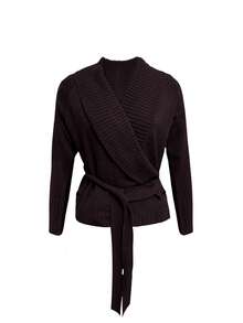 女士街头休闲简约落肩系带开衫，长袖上衣，复古富贵风格商务休闲女装工作服，宽松休闲开衫，百搭秋季女装，圣诞新年必备 - 酒紅色 - 查看 11