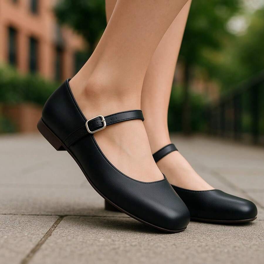 Women's Doll Shoes With Buckle Closure And Flat Heel Women's Basic Mary Janes Style Flats - 黑色 - 查看 1