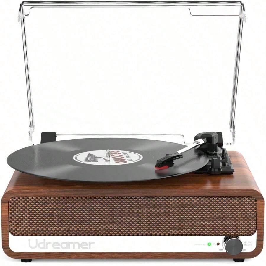 Vinyl Record Player With, All In One 3Speed Vintage StereoTurntable With Speakers, Brown