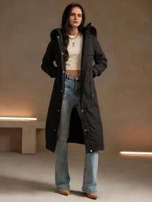 Risissida Women's Autumn/Winter Detachable Faux Fur Collar Thickened Down Jacket, Zipper/Button Closure, With Pockets - Black - View 4