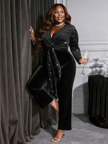 Bộ đồ liền thân vá bạc thời trang cỡ lớn dành cho người đi làm - màu đen - Xem 3