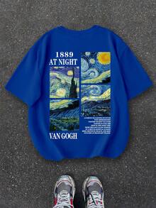 Teen Boy Casual, Simple And Fashionable Street Van Gogh Starry Night Art Pattern Printing Round Neck Short Sleeve Pullover T-Shirt Sports Short Sleeves. Suitable For Summer Wear. - Blue - View 1
