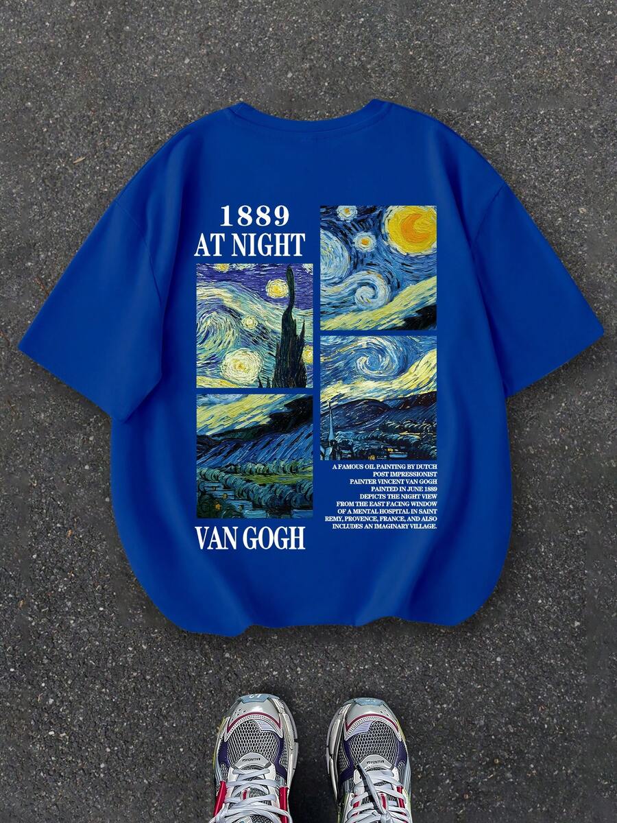 Teen Boy Casual, Simple And Fashionable Street Van Gogh Starry Night Art Pattern Printing Round Neck Short Sleeve Pullover T-Shirt Sports Short Sleeves. Suitable For Summer Wear. - Blue - View 1
