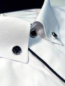 Men's Contrast Trim Long Sleeve Formal Shirt, For Fall - White - View 4