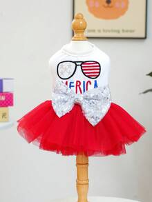 1pc Pet Clothes, Dog/Cat Apparel, Happy Puppy Small Dog/Puppy Casual Fashion Cute Comfortable American Star Mesh Skirt