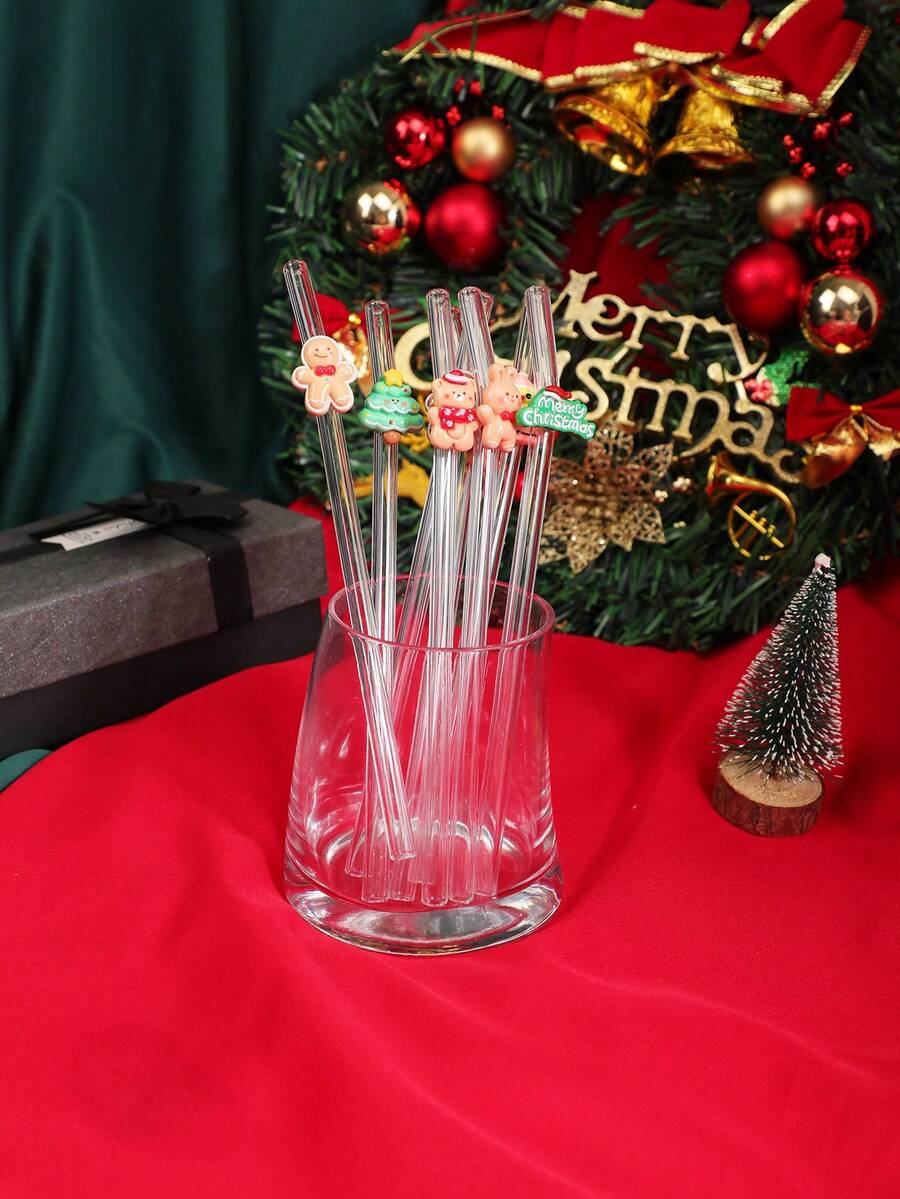 1-7PCS Cute Festive Christmas Glass Straws (Gingerbread Man, Christmas Tree, Bear & Merry Christmas Sign) ,Suitable For Iced Drinks, Afternoon Tea, Milkshakes, Smoothies, Sparkling Water, Milk Tea, Juices And Other Cold Drinks. Ideal For Beach Parties, Outdoor Picnics, Dessert Shops, Snack Bars, Party Supplies, Family Gatherings, Lead - Free & Festive, Perfect Gift For Christmas Enthusiasts.