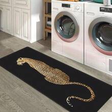 1 pieza 4.6'x1.6', 6'x1.8' Elegante alfombra de pasillo con estampado de leopardo - Resistente al desvanecimiento, alfombra antideslizante para decoración de cocina, baño y lavandería - Negro - Ver 2