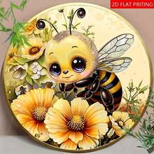 2D Flat, 1pc Spring Bee Round Wooden Hanging Plaque, Bee Theme Wooden Hanging Sign, Wooden Decorative Wreath Plaque, Door Decor, Bedroom Decor, Wall Decor, 2D Flat Wood