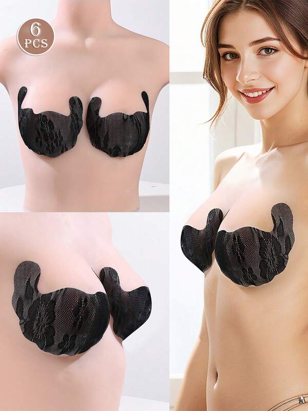 6pcs Black Lace Invisible Lift Bra Tape Set, Lightweight Women Wedding Lingerie, Strapless Self-Adhesive Push Up Bra With Invisible Drawstring, Includes Gel U-Shaped Pads And Large Cleavage Pads, Reusable Backless Bra Suitable For Low-Cut Dresses