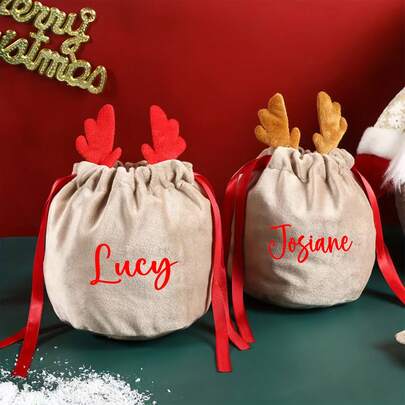 1pc Personalized Velvet Reindeer Drawstring Bag, Custom Name Apple Packaging Bag, Party Style Red Christmas Gift Bag Christmas Christmas Decorations Christmas Pajamas Christmas Gifts Christmas Decor