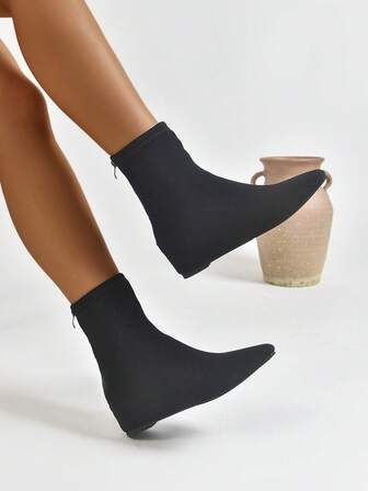 1 Pair Solid Color Basic Commuter Ankle Boots With Hidden Wedge Heel, Suitable For Home, Gym, Outdoor, All Seasons