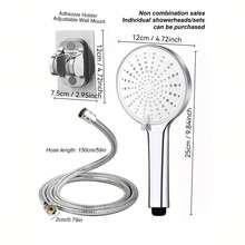 三功能手持式高压花洒，配1.5米/59英寸不锈钢软管和粘性壁挂支架，镀铬浴室配件，浴室工具 - 銀色 - 查看 11