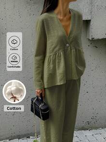 Look Polly Women's Fall Women Clothes Winter Clothes Back To School Old Money Cute Tops Women Leisure Vacation Simple Solid Color Single Breasted Button Butter Yellow Traceable Cotton Women Two Pieces Set Halloween Clothes Women Button Up Shirt Women Clothes For New Year Elegant Women's Set Beach Set