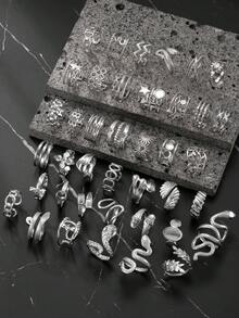 5/10/15/20/40/60pcs Set Stainless Steel Open Ring Assorted Styles Random Box, Including Snake Ring, Geometric Pattern Ring, Star Ring, Cross Ring, Essential For New Year, Valentine's Day Gift, Everyday Wear - Silver - View 15